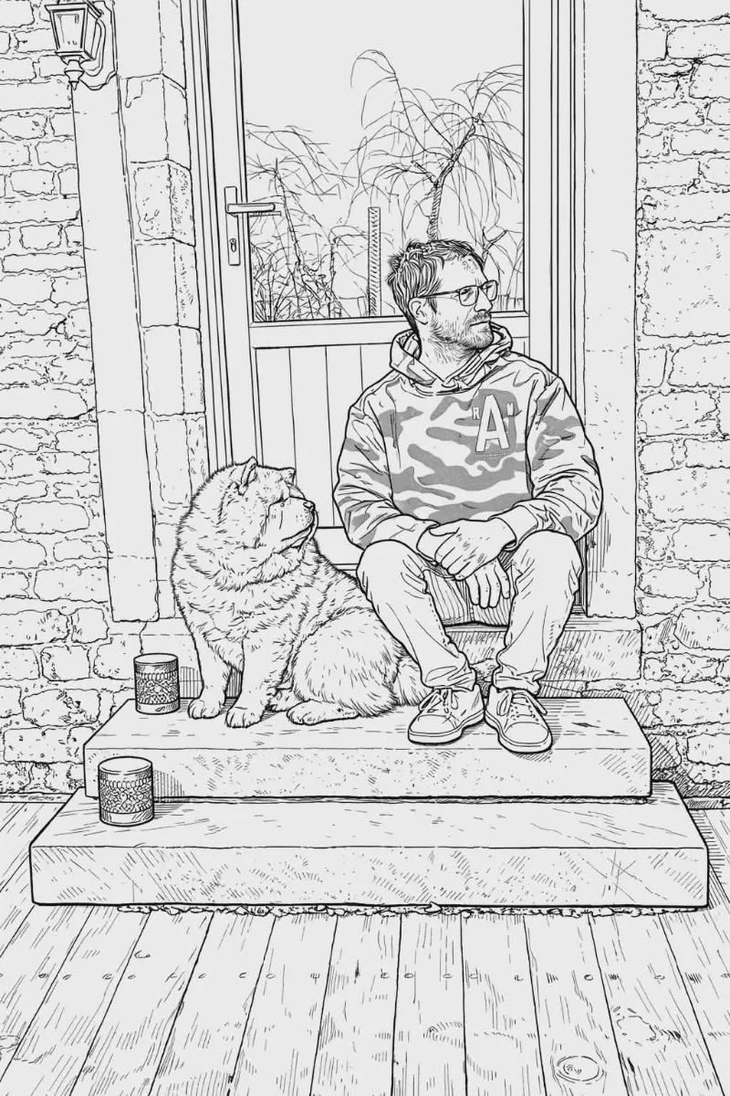 Dessin : le fondateur de DogsFresh avec ses chiens